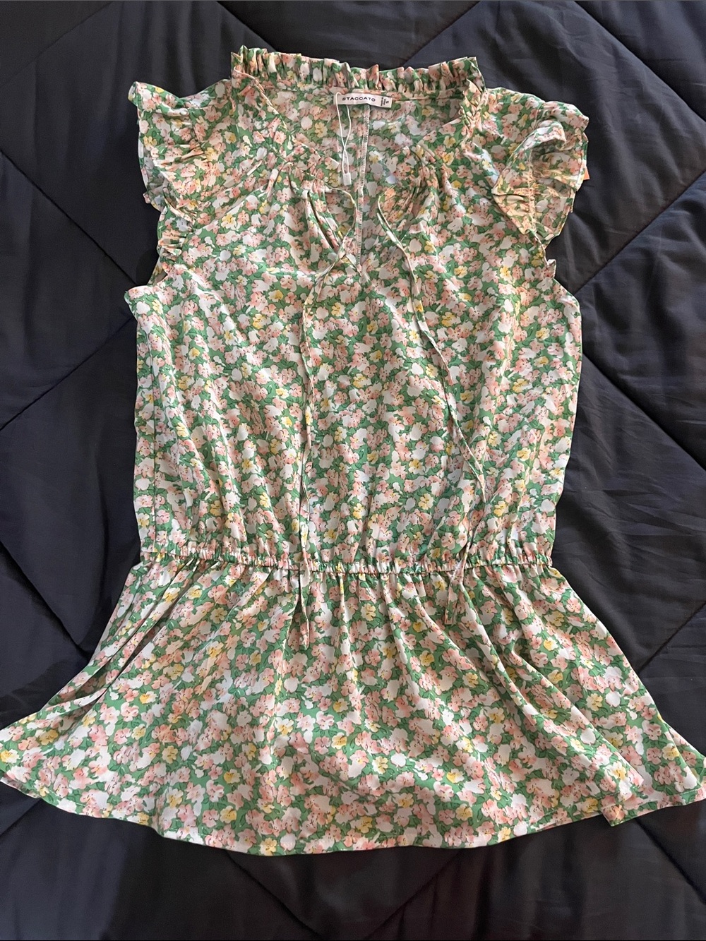 Staccato Green Floral Ruffle Sleeve Peplum Top